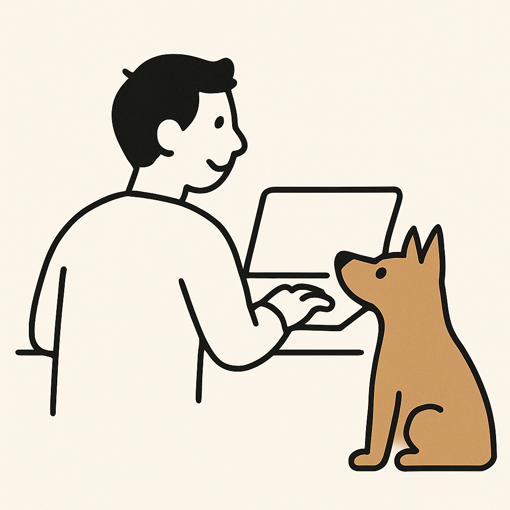 Dog watching man use computer